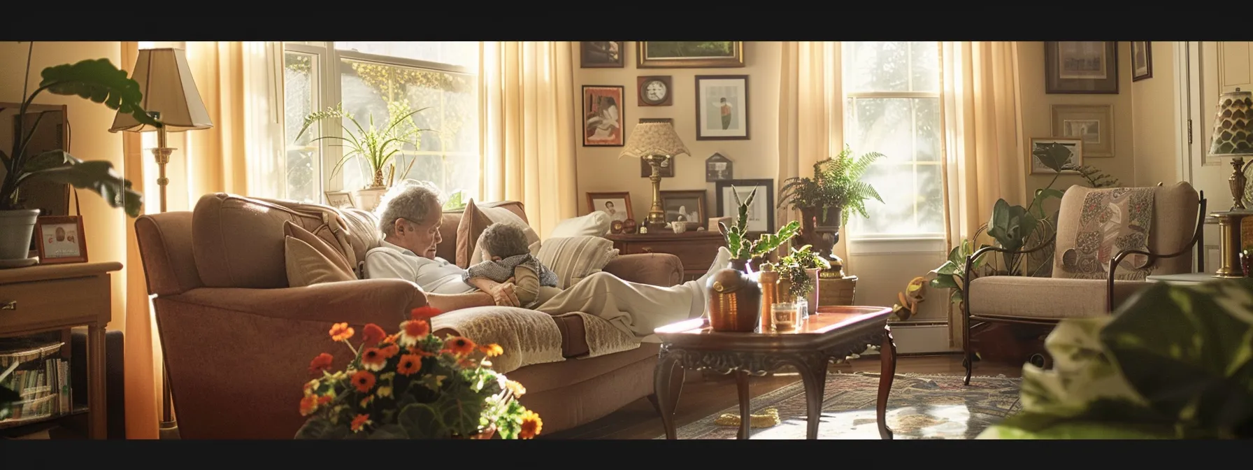 a serene living room with a senior receiving attentive care from a nurse, surrounded by comforting familiar objects.