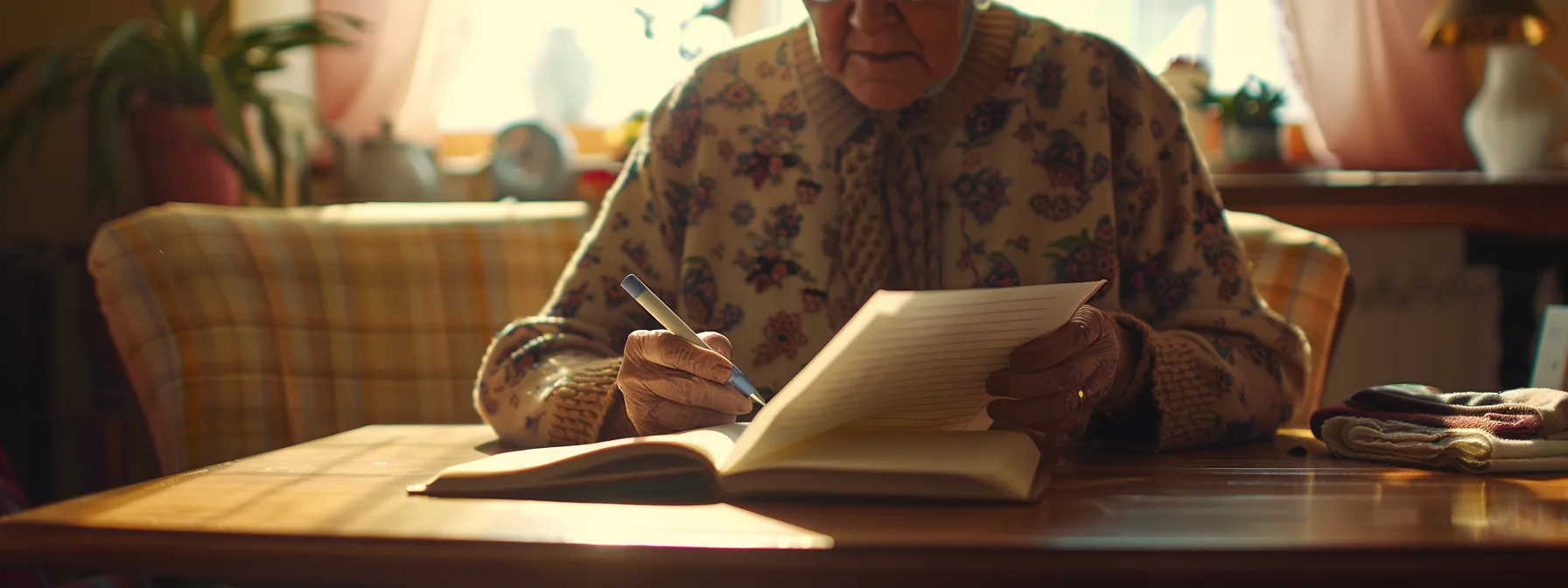 a caregiver sitting at a table with a notebook and pen, preparing questions for a meeting with a care service agency.