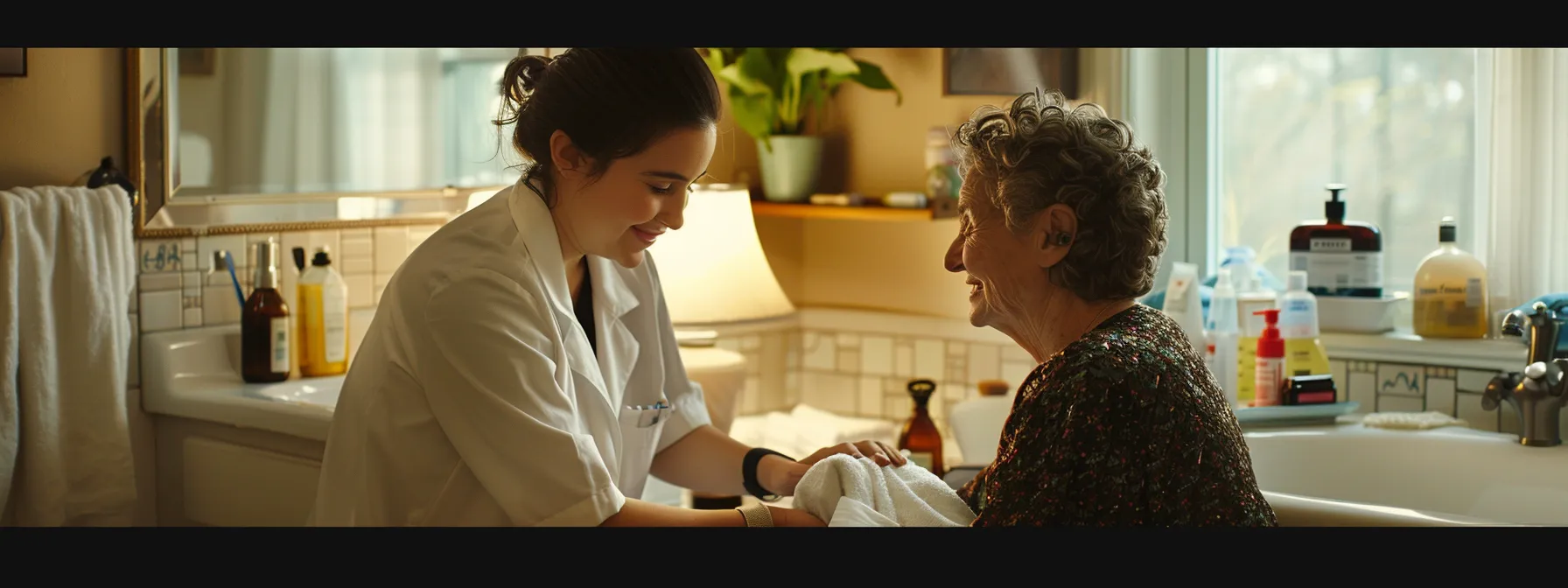 a compassionate caregiver assisting a client with daily hygiene routines in a cozy, well-lit bathroom.