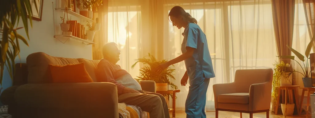 Professional caregiver in a light blue uniform helping an elderly person in a sunny, comfortable living room with warm lighting. The scene shows gentle interaction and genuine care, with the caregiver's kind smile emphasizing the compassionate nature of in-home care services.