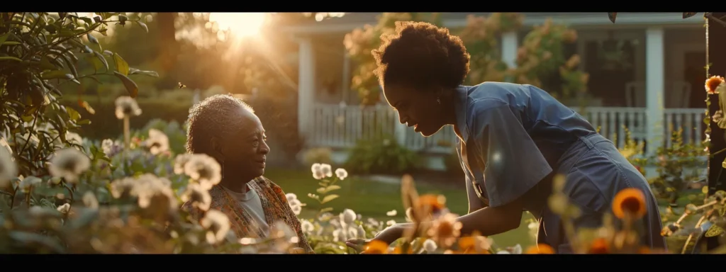 an in-home aid helping a senior lady in the garden