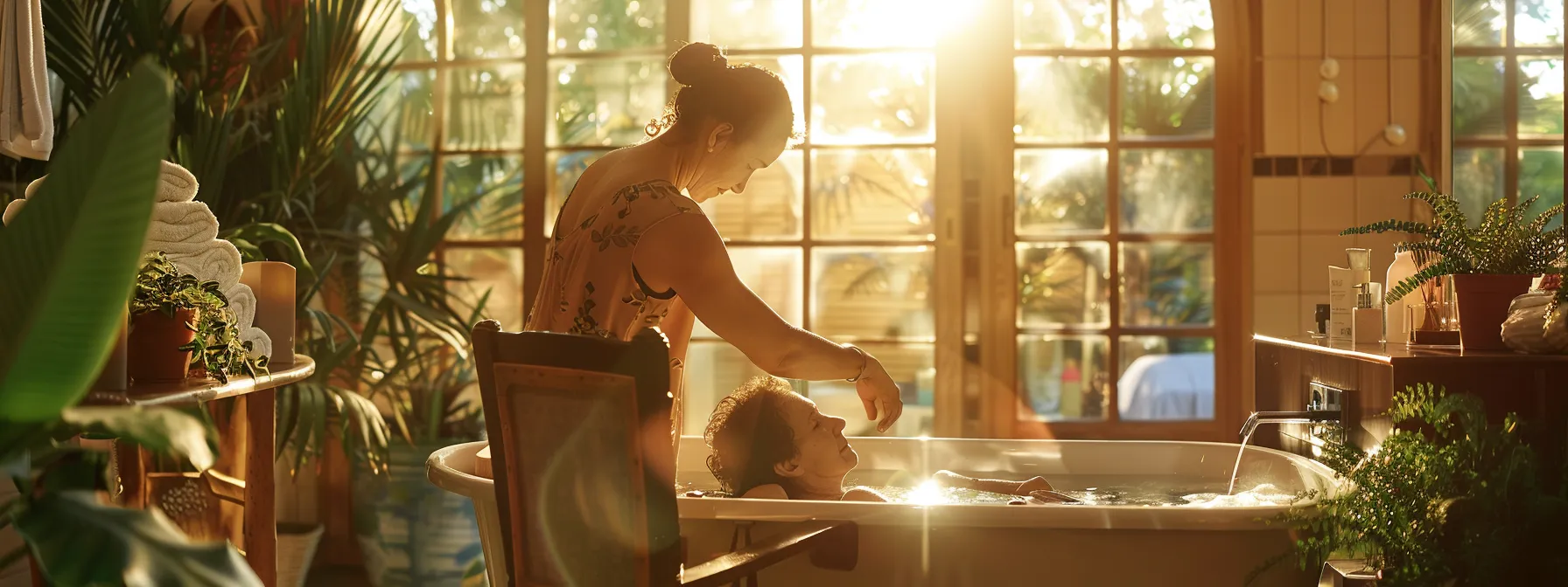 a caregiver gently assisting a person with bathing, surrounded by a warm and inviting bathroom setting.