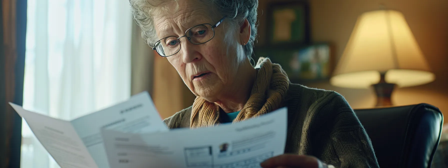 a senior woman reviewing financial documents with a caregiver, surrounded by brochures about insurance and assistance programs.