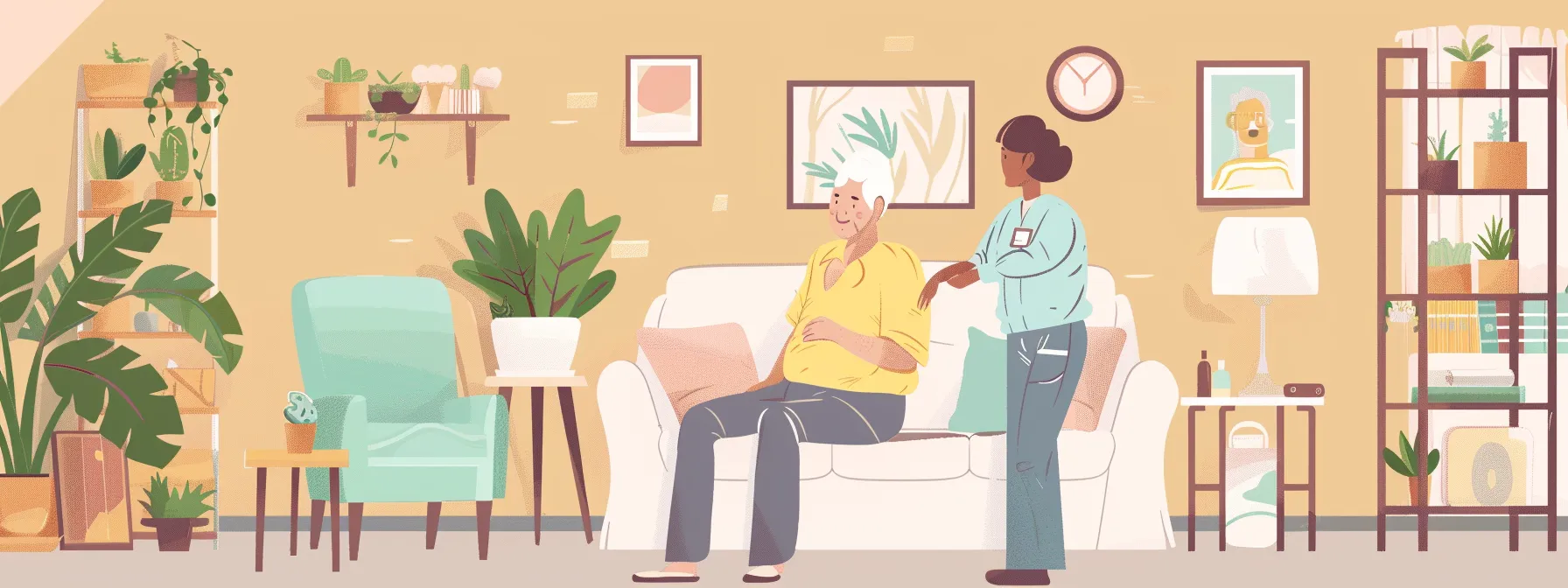 a caregiver gently assisting an elderly person with daily activities in a cozy, familiar home setting.